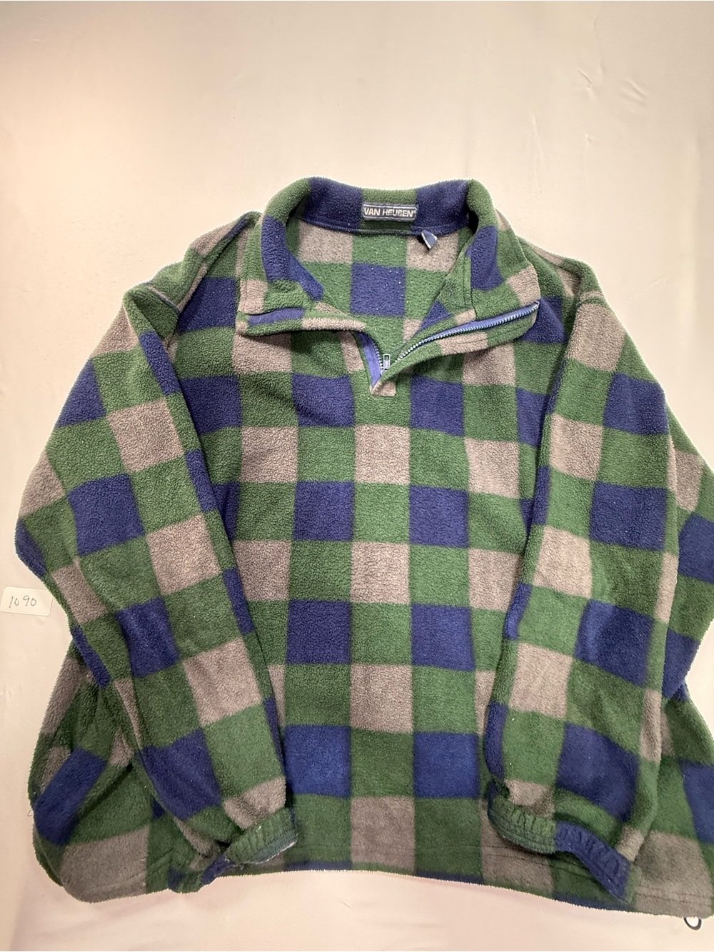 Van Heusen Blue Green Gray Plaid Half-Zip Fleece Pullover